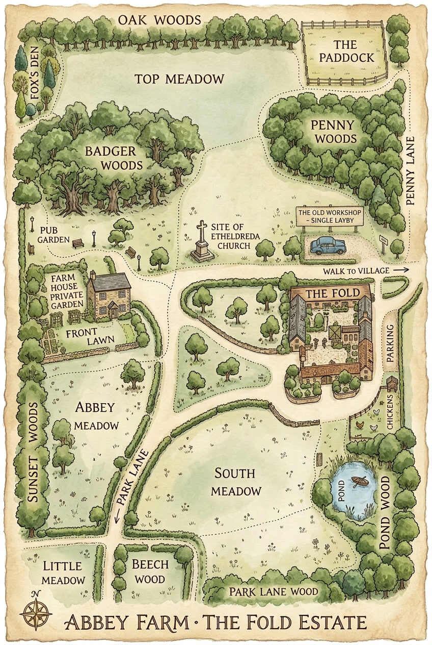Illustrated map of Abbey Farm estate showing Oak Woods, Top Meadow, The Fold, Pond Wood, South Meadow and The Old Workshop